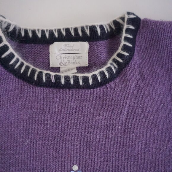 VTG Christopher & Banks Purple Floral Tree Embroidered Christmas Sweater L - Picture 9 of 9